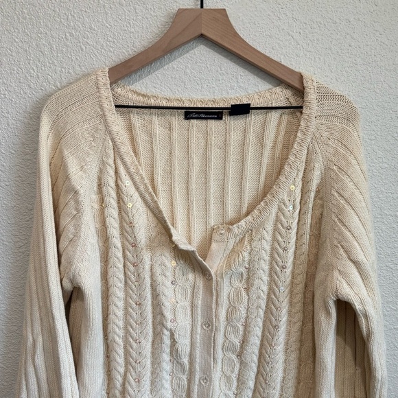 55. VTG Bill Bass Womens XL Tan Cable Knit Cardigan Beaded Sequin Ribbed Grandma - Picture 2 of 8